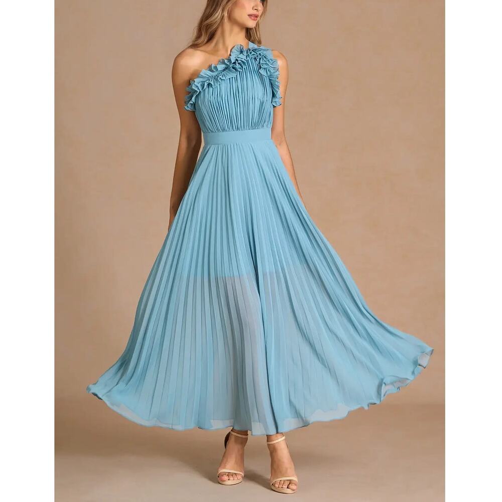Azazie Selma Ocean Pleated Maxi Dress Size 4